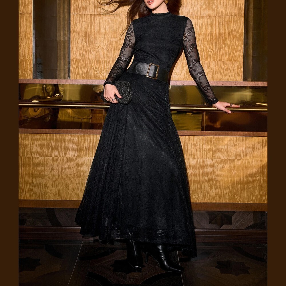 Black Lace Sheer Long Sleeve Round Neck A-Line Maxi Dress
